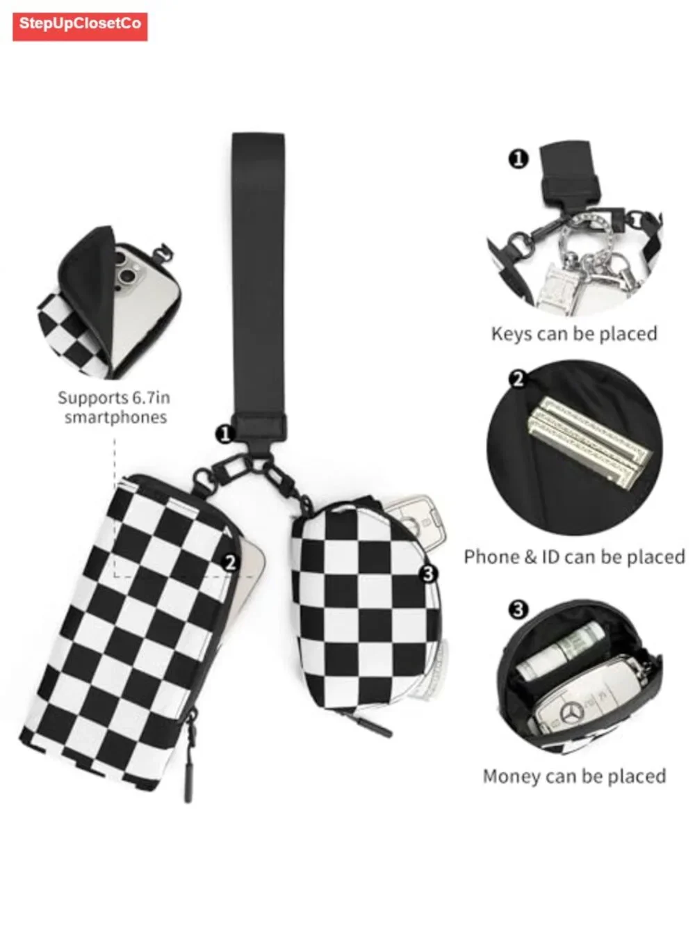 Checkered Dual Pouch Wristlet Wallet for Women, Nylon Zip Around Wallet with